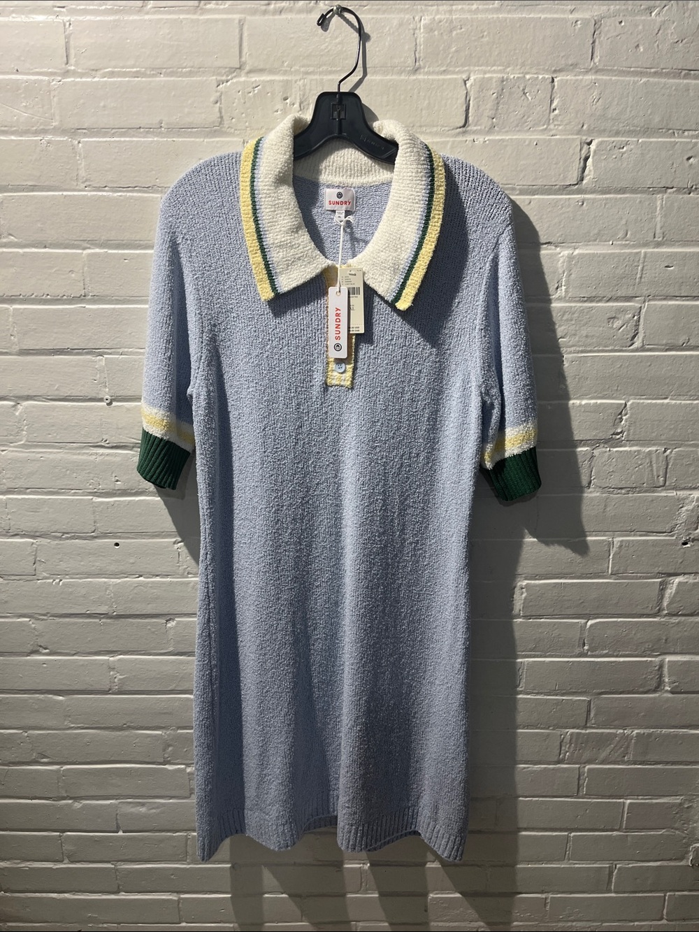Sundry Light Blue V-Neck Knit Dress with Cream, Yellow & Green Trim NWT